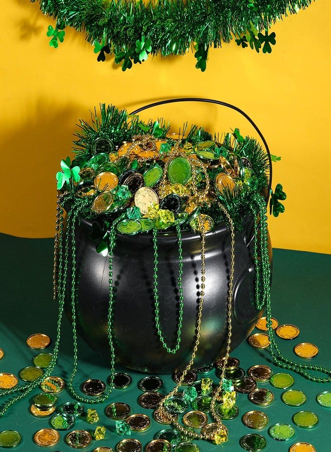 سراتي مجموعة ستراتي المكونة من 615 قطعة من مرجل حلوى عيد القديس باتريك مع مقبض، وعاء من الذهب، عملة ذهبية خضراء، جوهرة، قلادة من البرسيم، مجوهرات بلاستيكية محظوظة (أسود، 12.6 × 7.09 بوصة) - Image 4